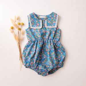 Square Collar Bubble Playsuit with Lace in Hedgerow Ramble Liberty Print