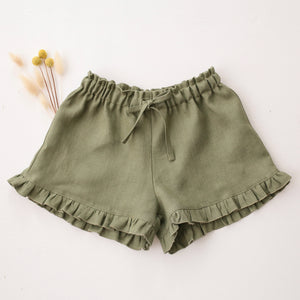 Olive Linen Ruffle Shorts