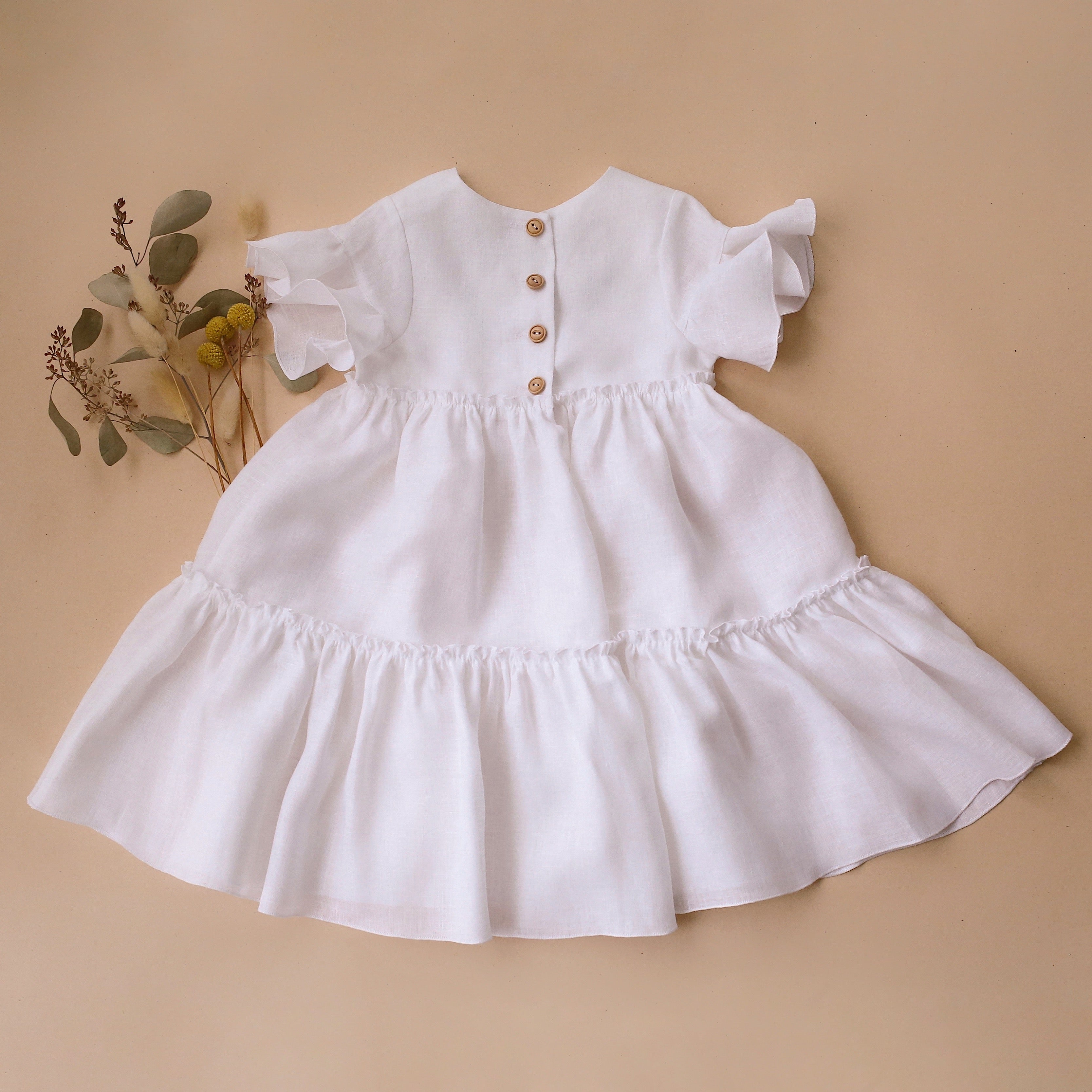 Milk Linen Flounce Sleeve Tiered Dress with "Chamomile Flowers" Embroidery