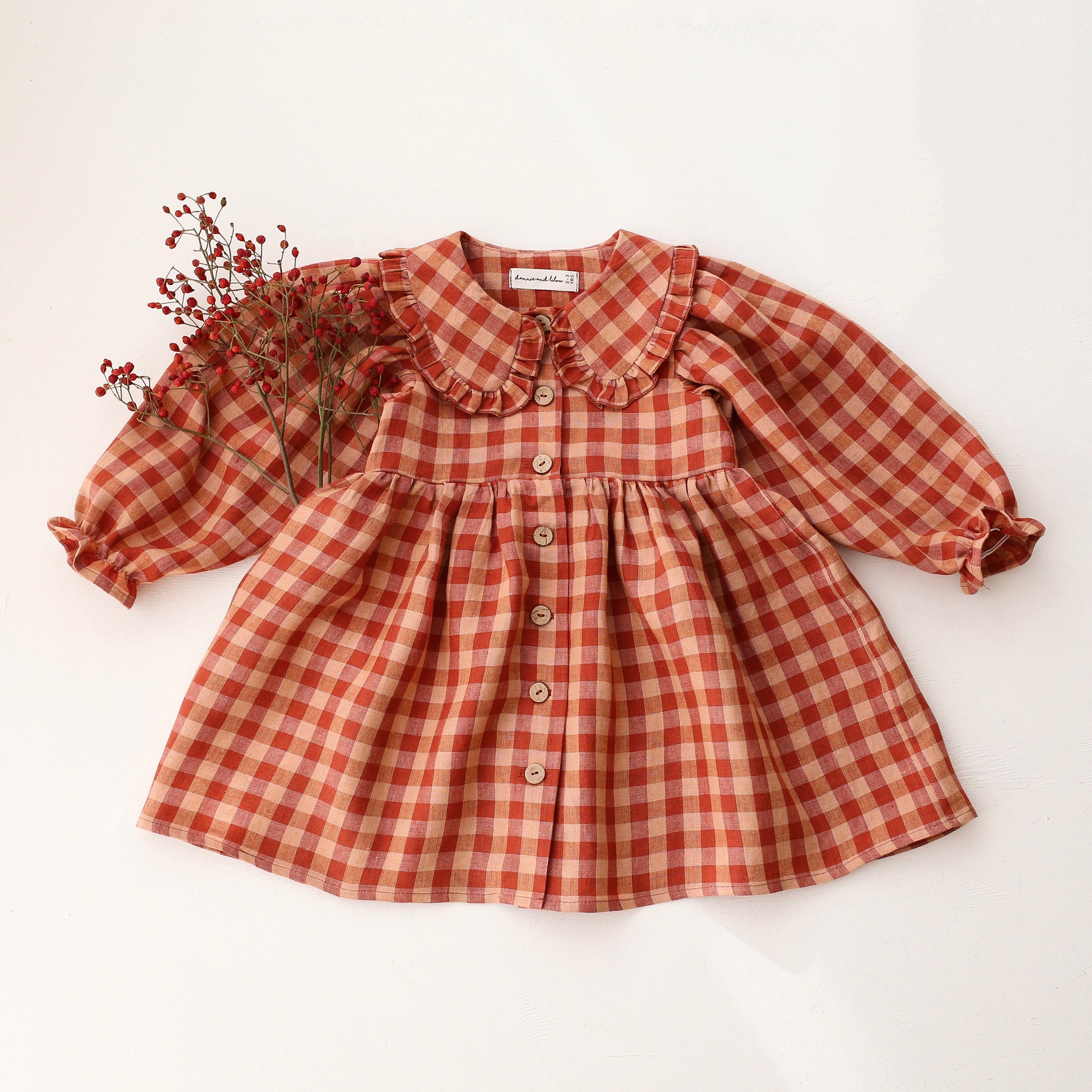 Butternut Check Linen Long Sleeve Frilled Collar Dress