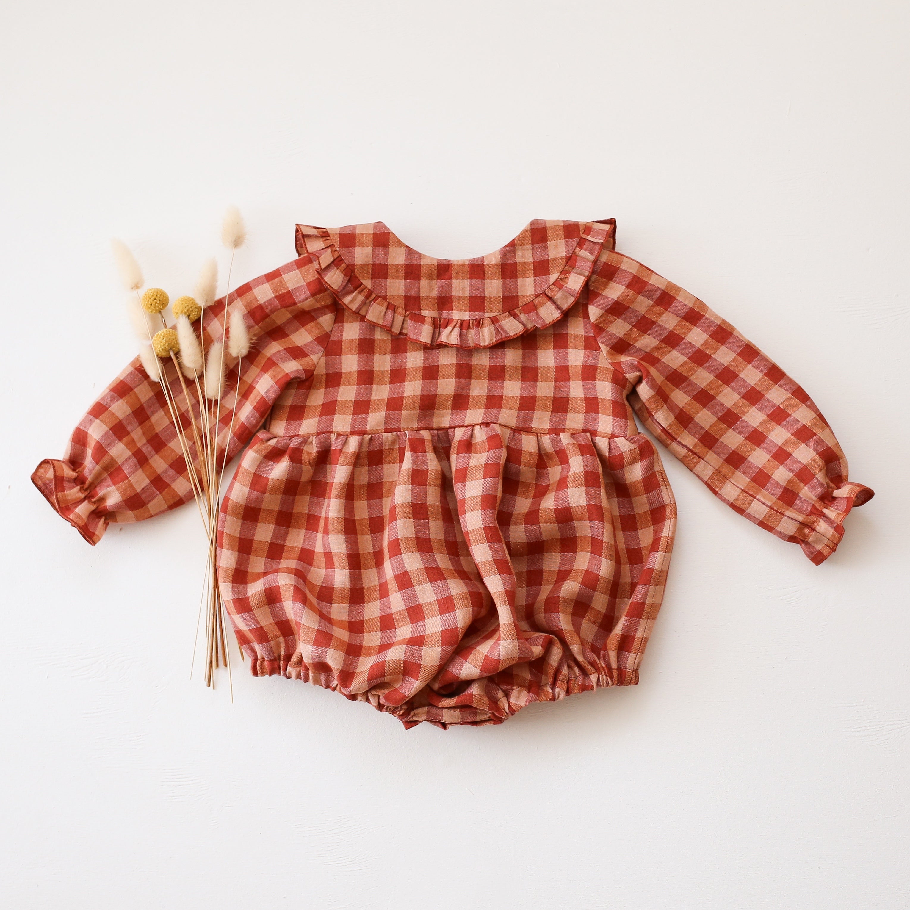 Butternut Check Linen Frilled Collar Curved Waistline Bubble Playsuit