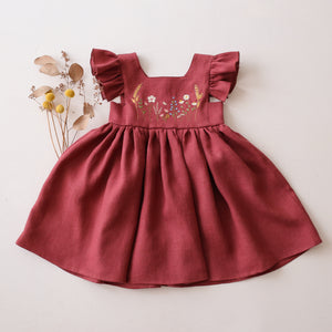 Rosewood Linen Flutter Sleeve Square Neckline Dress with "Wheat Flower Field" Embroidery