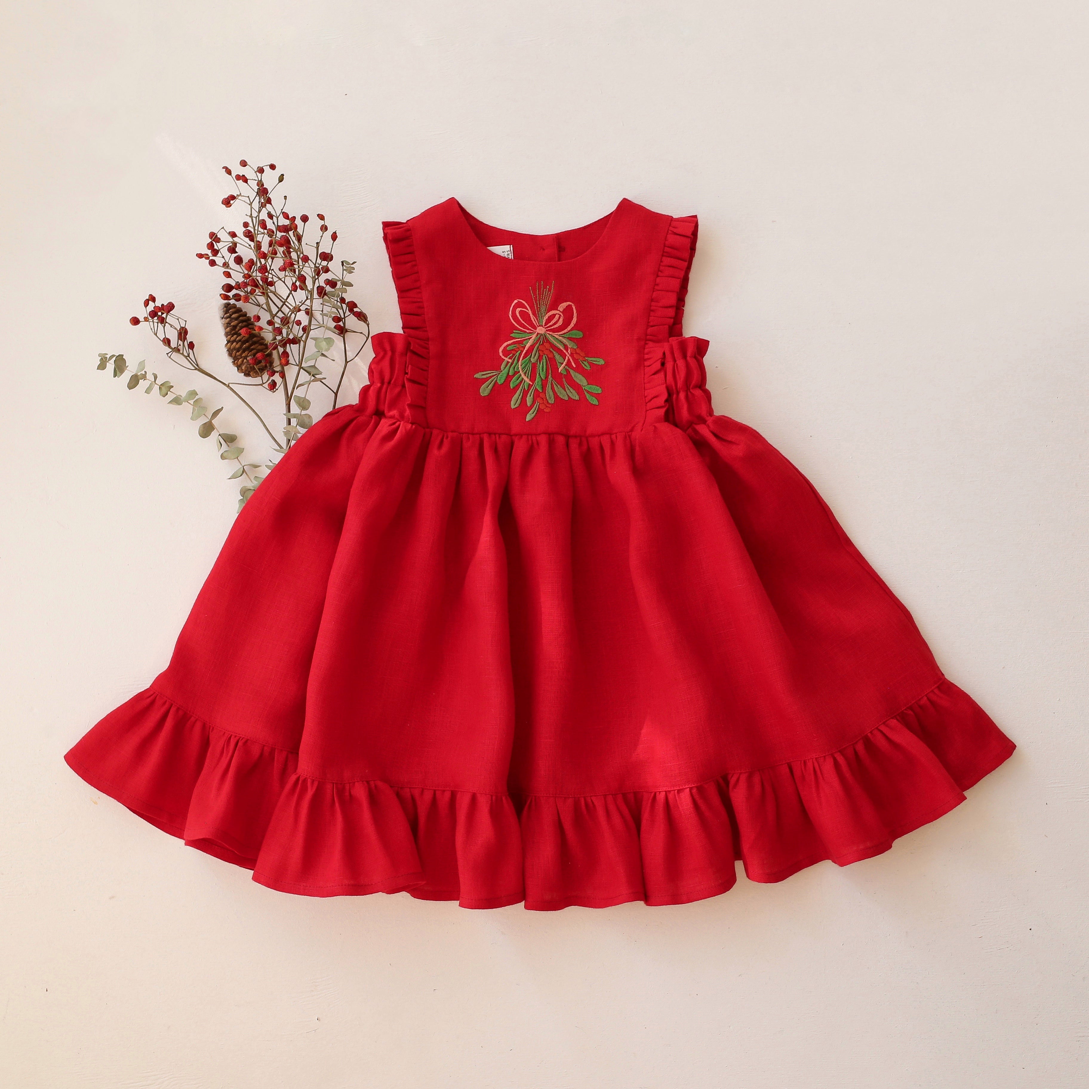 Scarlet Red Linen Dress with Ruffled Hem with "Christmas Mistletoe" Embroidery