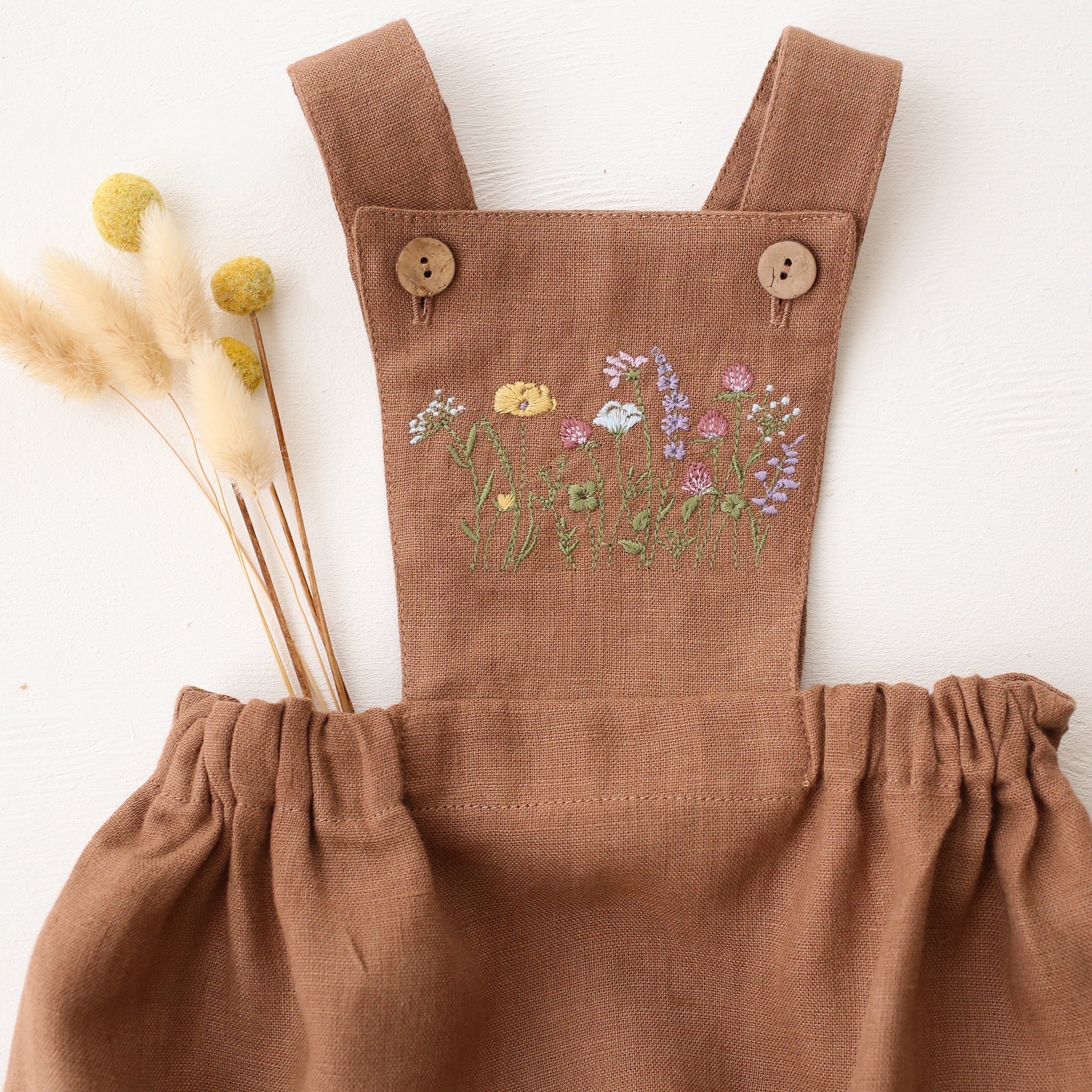 Cocoa Brown Linen Pinafore Romper with “Clover Meadow” Embroidery