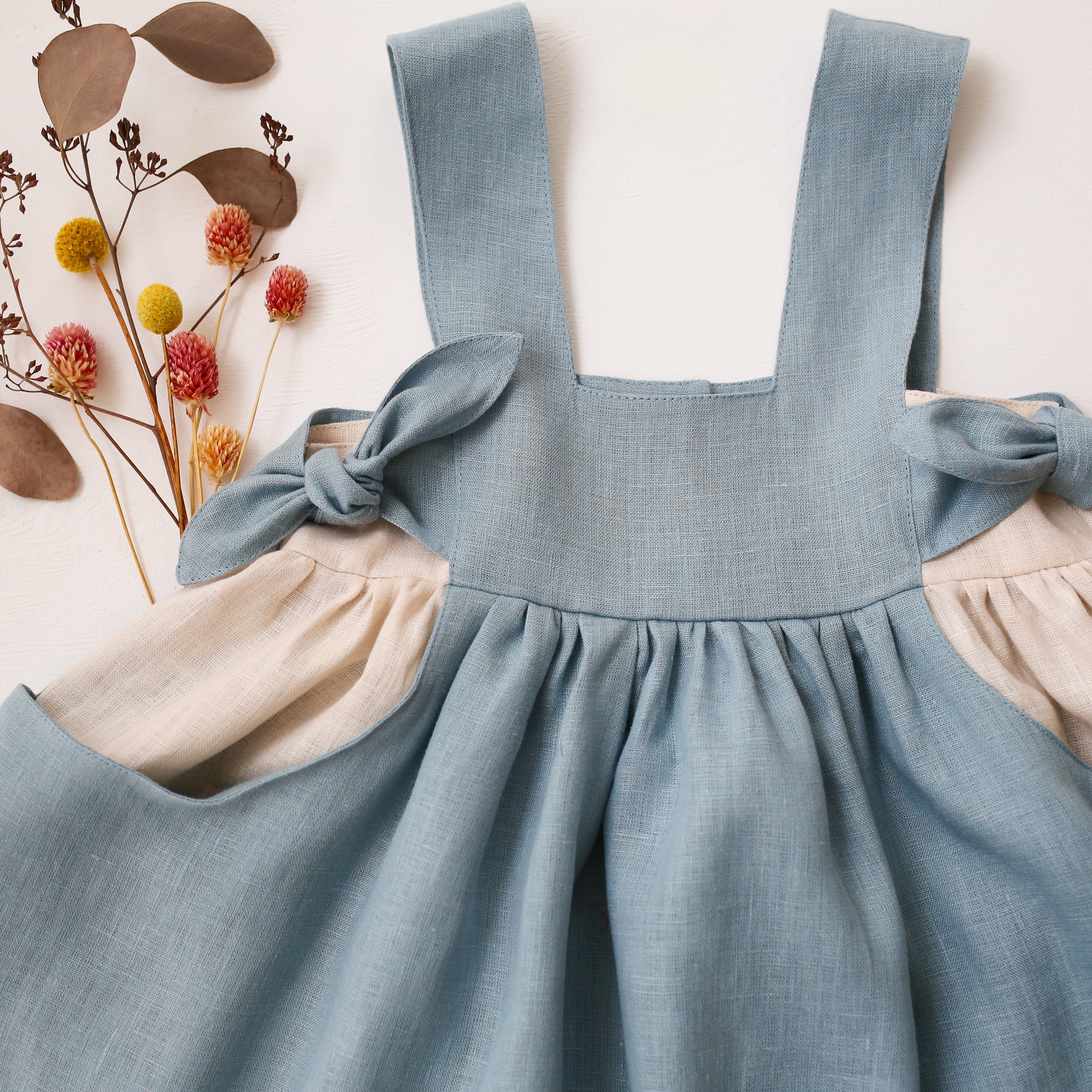 Chalky Blue Linen Square Neckline Pinafore with Ivory Linen Pockets