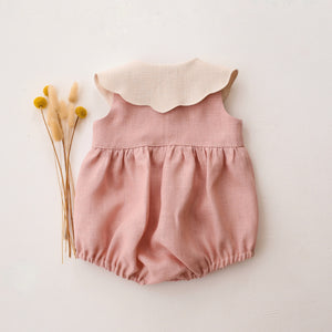 Powder Linen Bubble Playsuit with Petal Collar in Ivory Linen with "Geese in Flowers" Embroidery