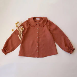 Terracotta Linen Long Sleeve Frilled Collar Button Front Blouse