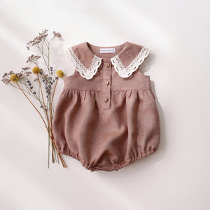 Rose Smoke Linen Pointed Collar Bubble Playsuit with Lace