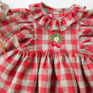 Cherry Check Linen Puff Sleeve Ruffle Collar Dress with “Strawberry” Embroidery