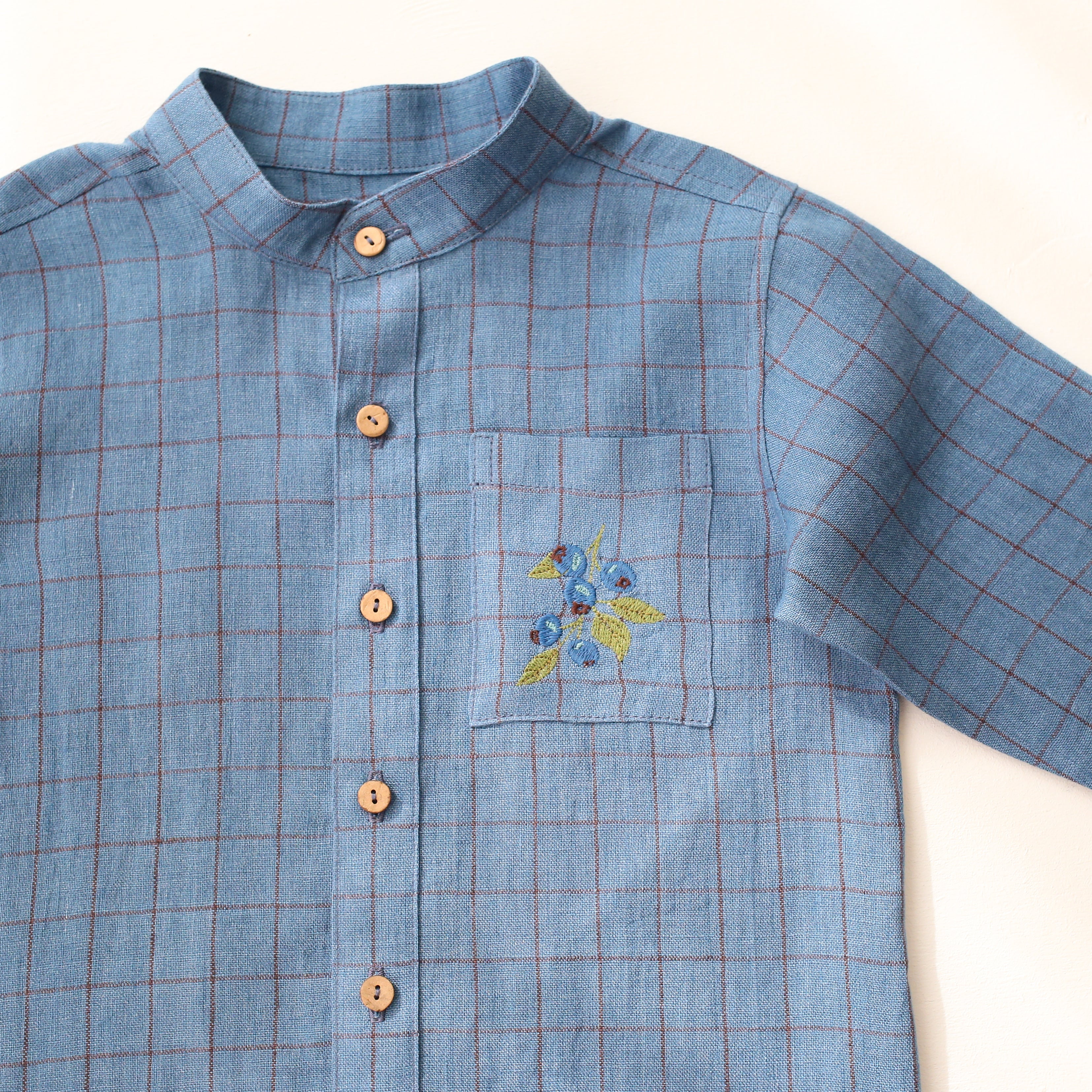 Woodland Sky Check Linen Long Sleeve Band Collar Shirt and "Mini Acorns" Embroidery