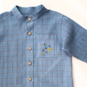 Woodland Sky Check Linen Long Sleeve Band Collar Shirt and "Mini Acorns" Embroidery