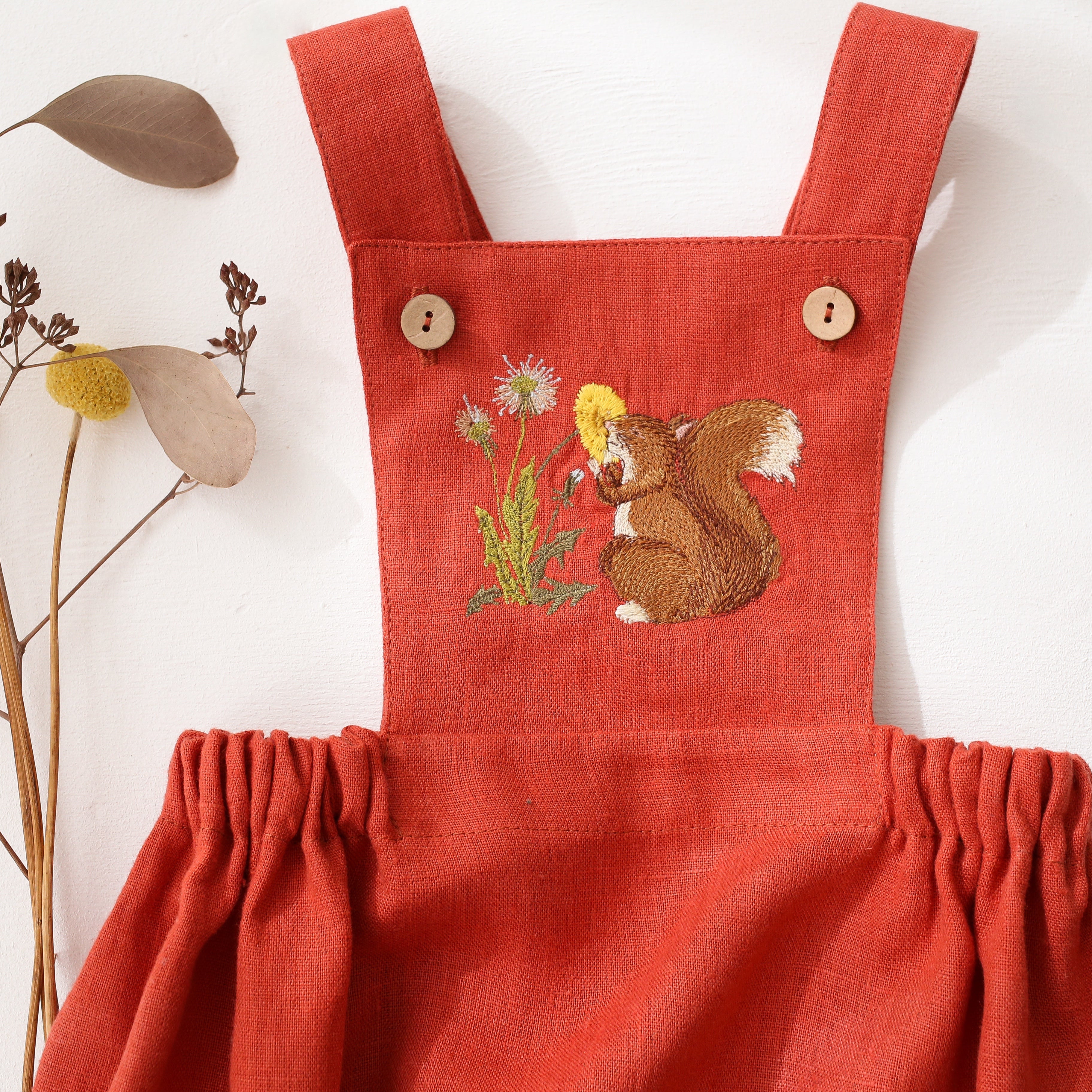 Paprika Linen Pinafore Romper with “Dandelion & Squirrel” Embroidery