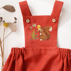 Paprika Linen Pinafore Romper with “Dandelion & Squirrel” Embroidery