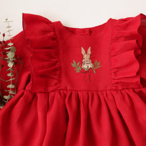 Scarlet Red Linen Long Sleeve Ruffle Dress with "Christmas Bunny" Embroidery