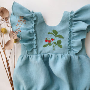 Duck Egg Blue Linen Ruffled Front Bubble Playsuit with “Wild Strawberry” Embroidery