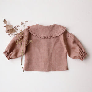 Rose Smoke Linen Frilled Collar Bubble Sleeve Blouse with "Mini Flowers" Embroidery