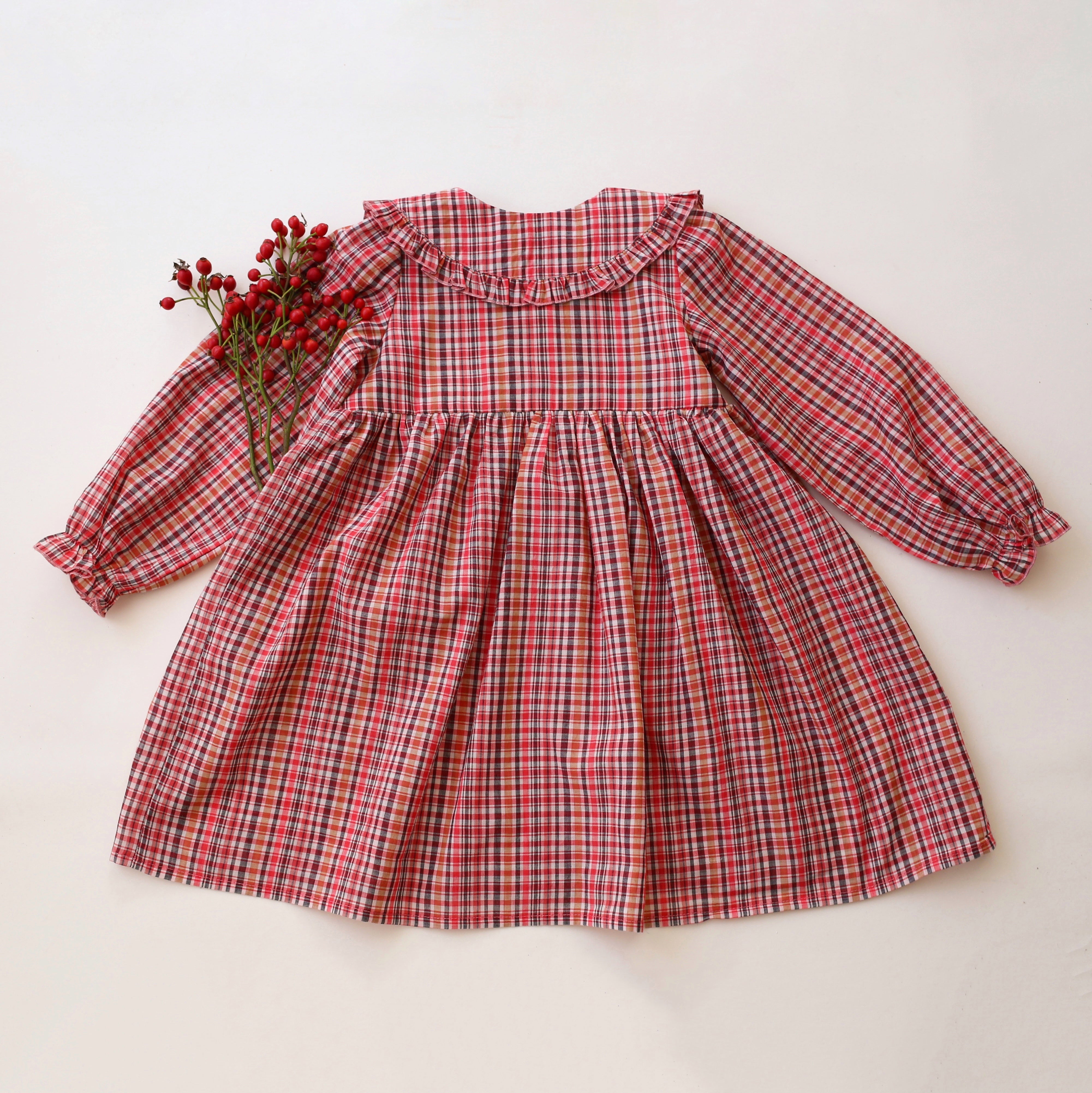 Holiday Check Cotton Long Sleeve Button Front Dress