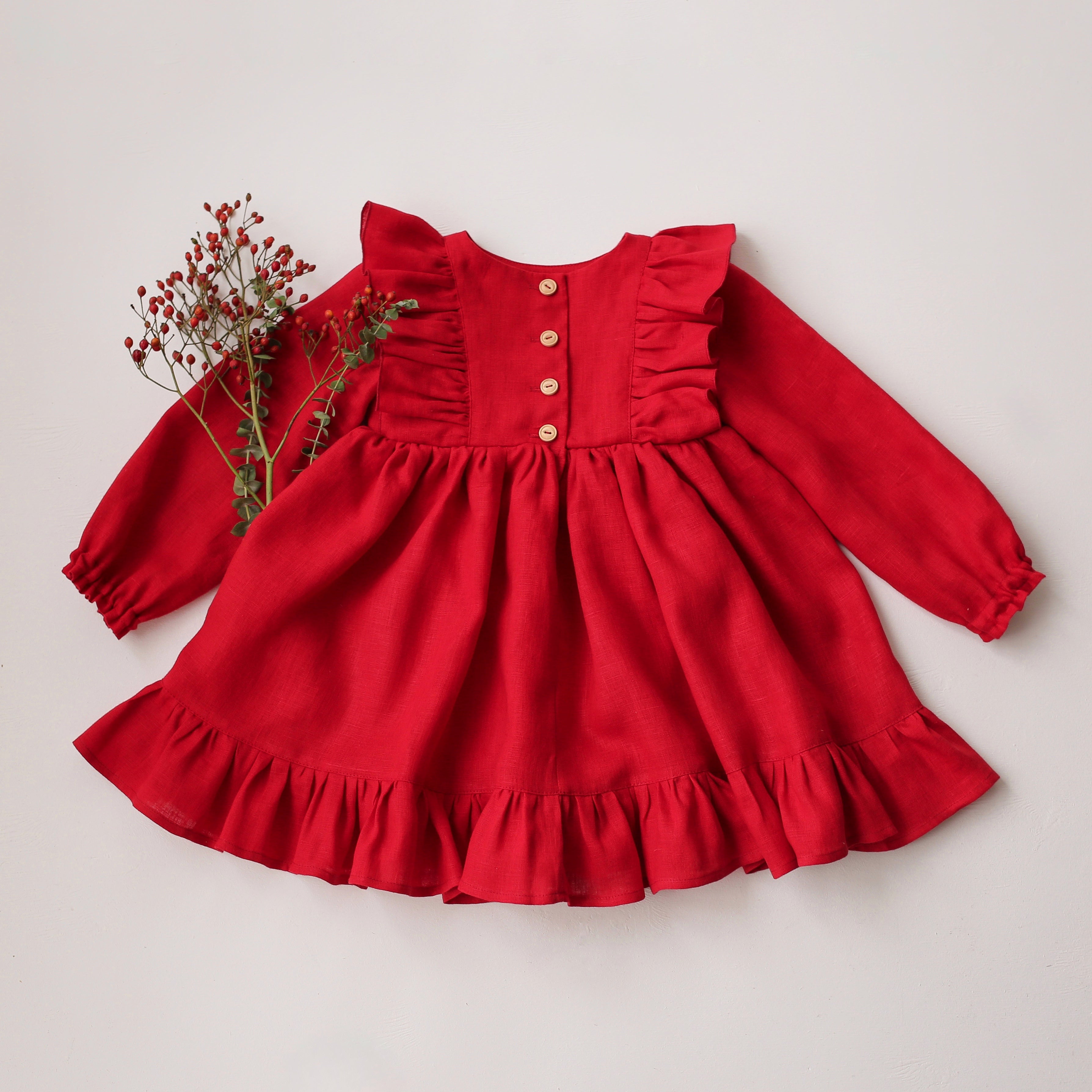 Scarlet Red Linen Long Sleeve Ruffle Dress with "Christmas Mistletoe" Embroidery