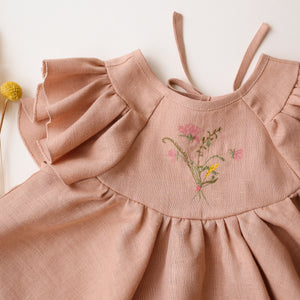 Clay Linen Flutter Sleeve Tie Back Blouse with "Bouquet 1" Embroidery
