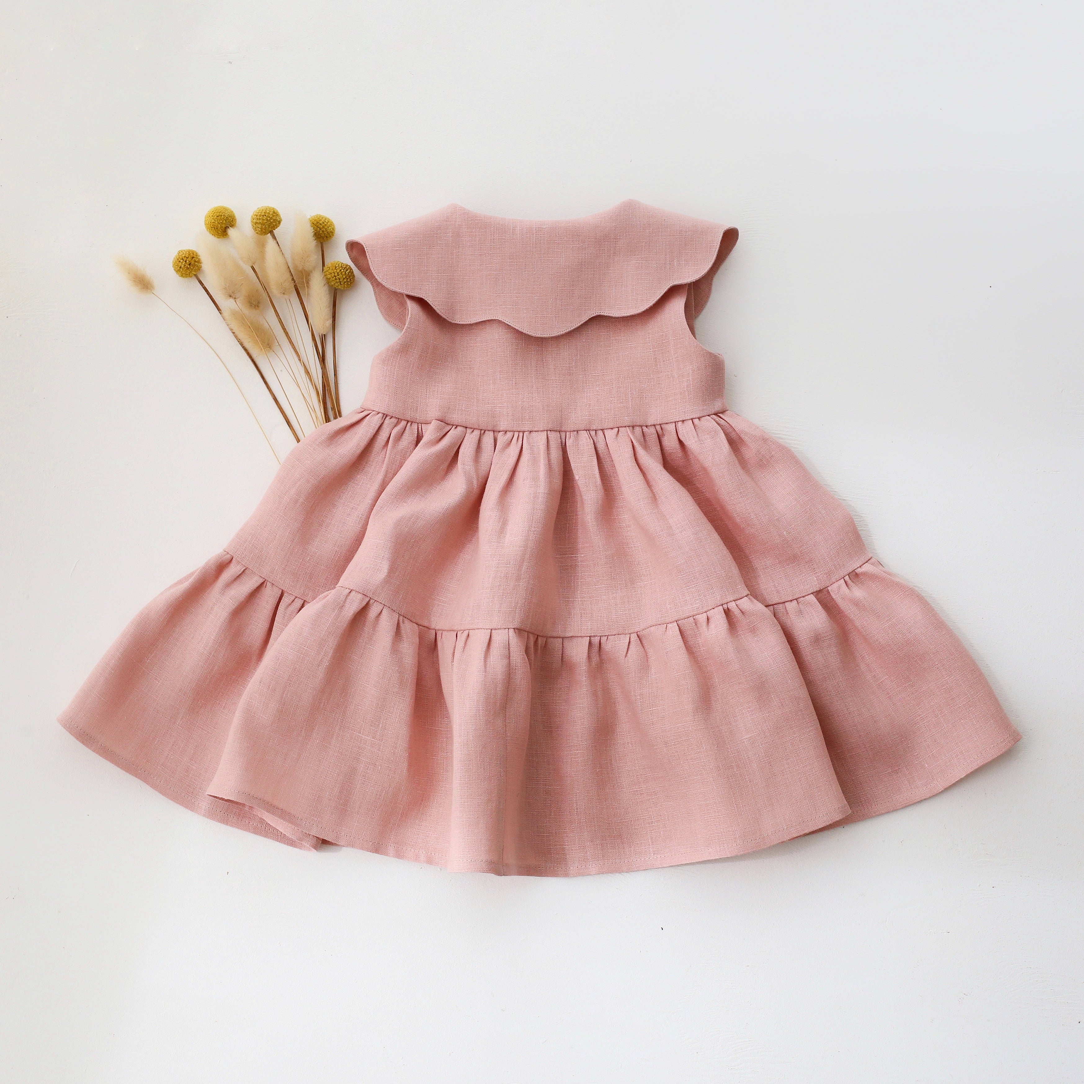 Powder Linen Tiered Dress with Petal Collar in Powder Linen with "Strawberry Bouquet" Embroidery