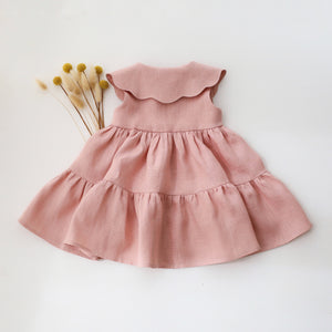 Powder Linen Tiered Dress with Petal Collar in Powder Linen with "Strawberry Bouquet" Embroidery