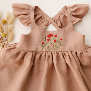 Clay Linen Sundress with Flutter Sleeves with "Poppy Meadow" Embroidery