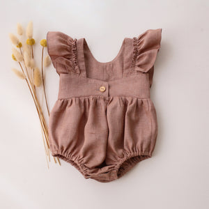 Rose Smoke Linen Ruffled Front Bubble Playsuit with “Squirrel on Berry Branch” Embroidery
