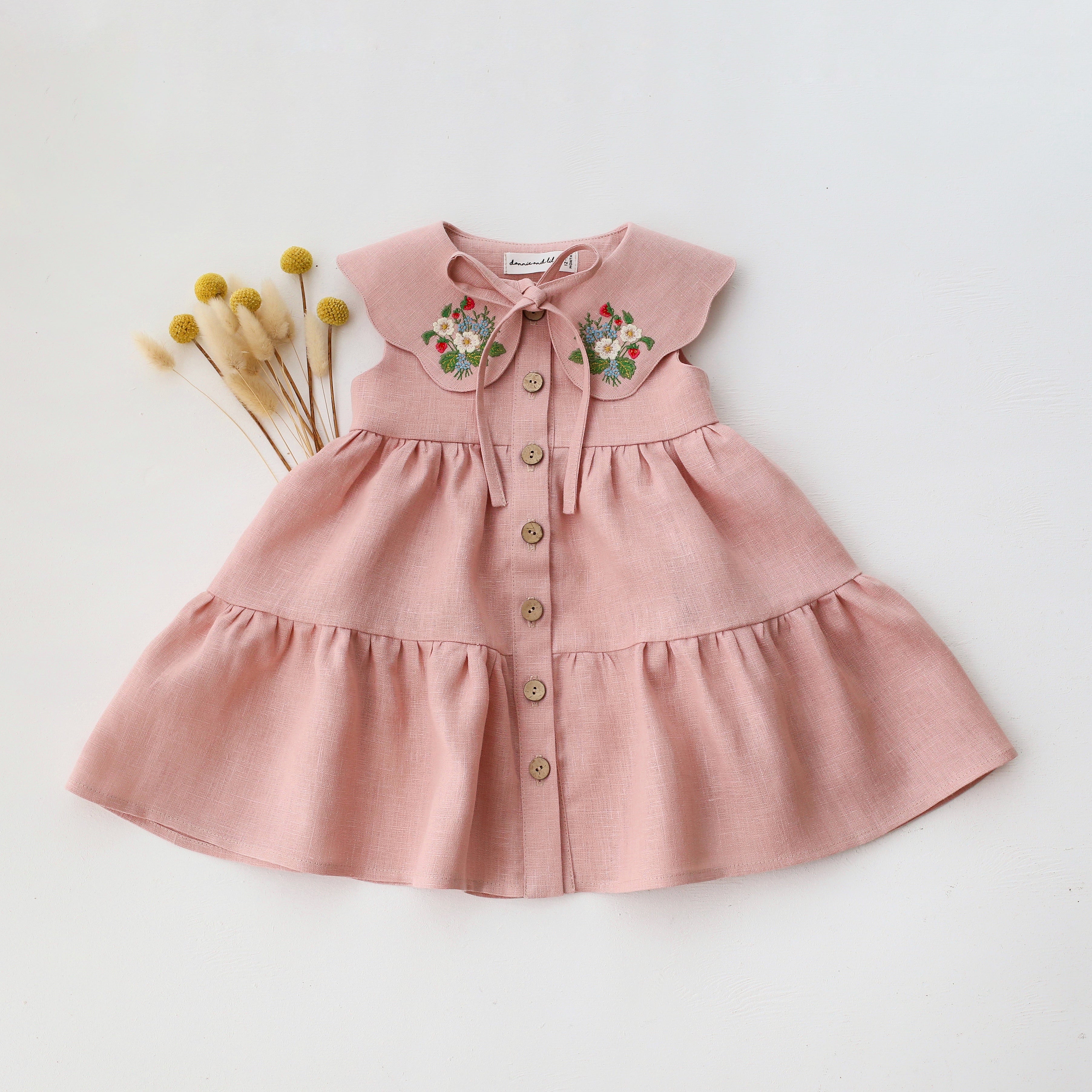 Powder Linen Tiered Dress with Petal Collar in Powder Linen with "Strawberry Bouquet" Embroidery