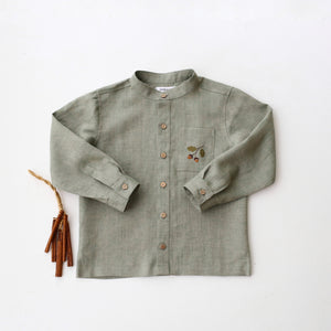 Green Smoke Linen Long Sleeve Shirt with Band Collar and "Mini Acorns" Embroidery