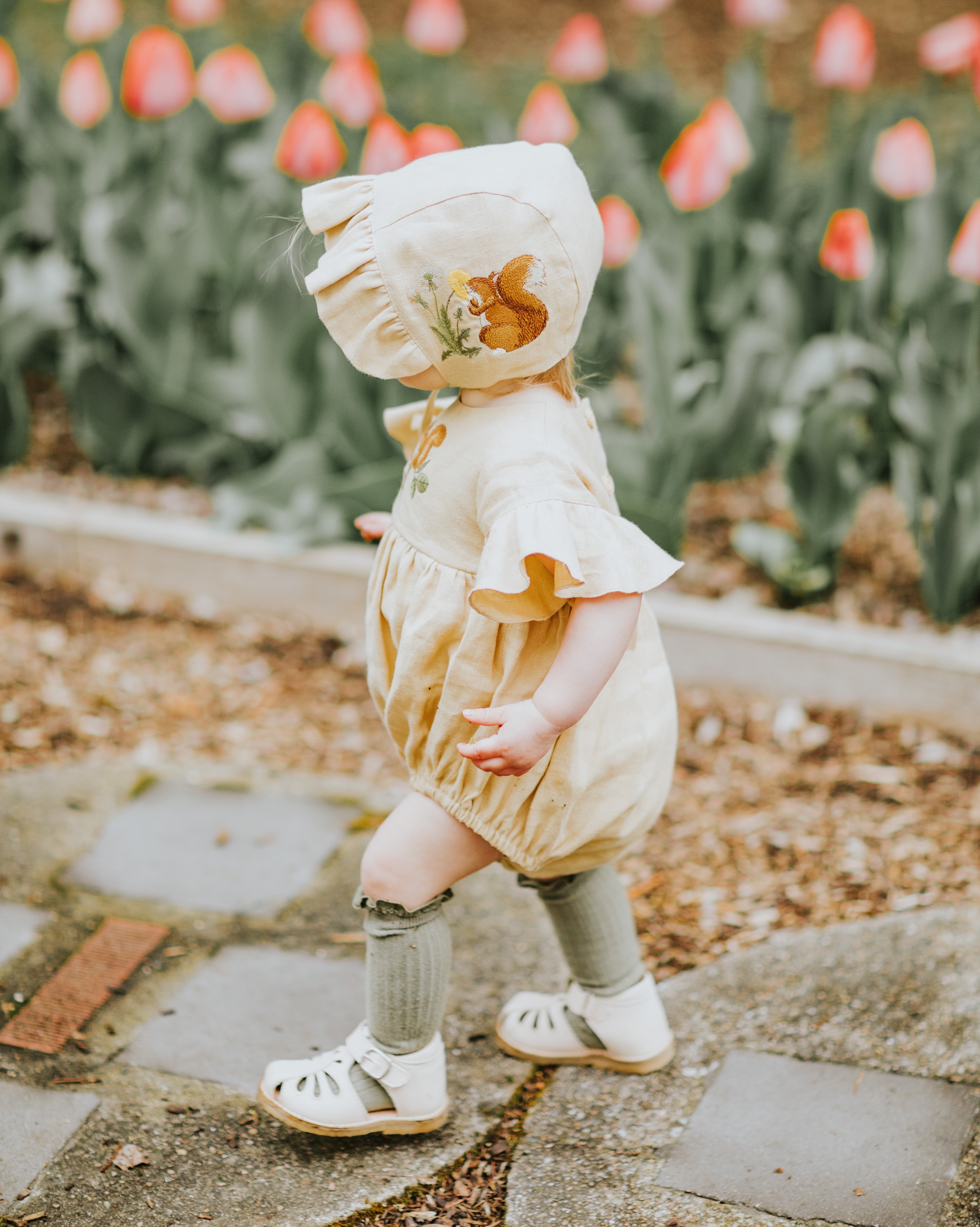 Duck Egg Blue Linen Flounce Sleeve Bubble Playsuit with “Berries” Embroidery