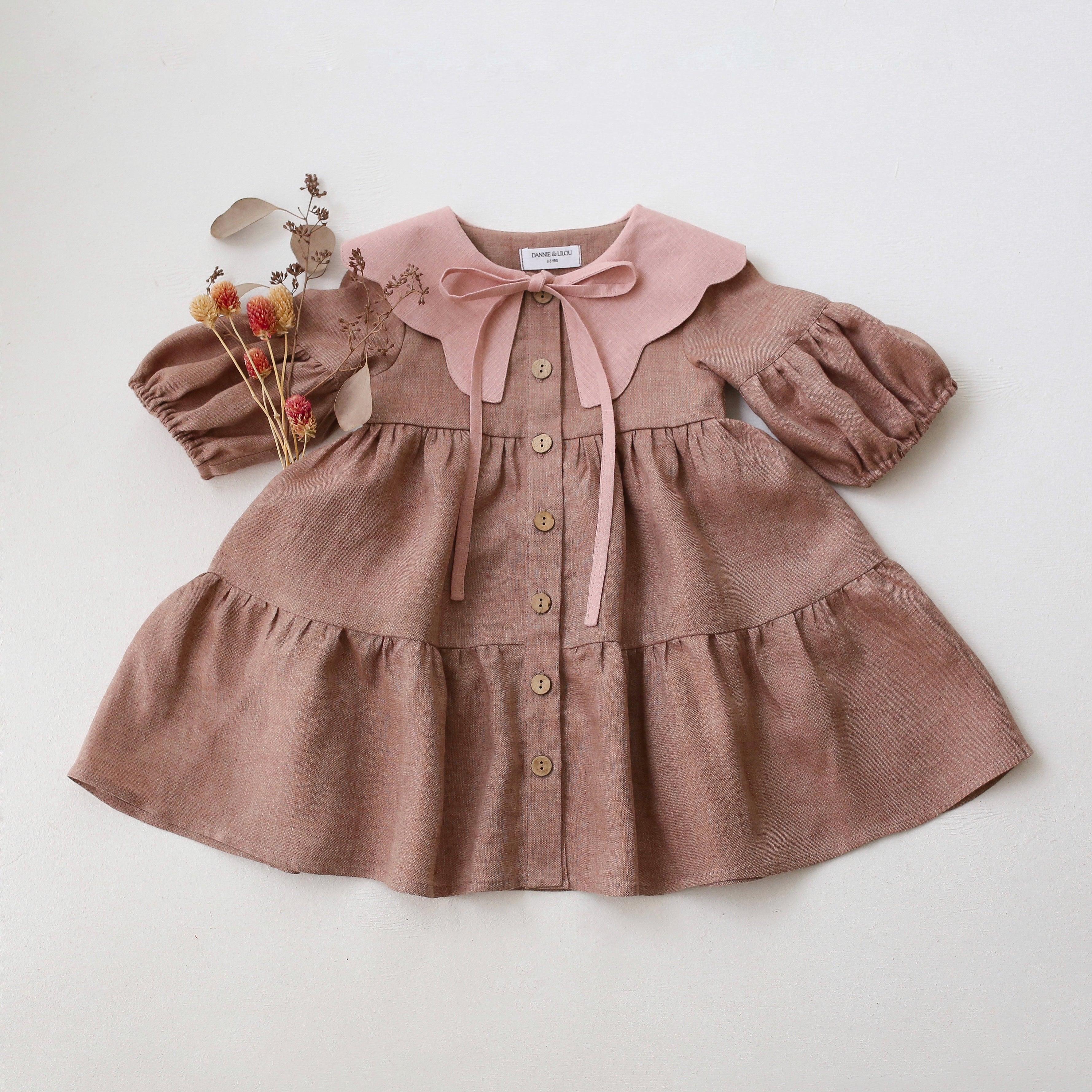 Rose Smoke Linen Lantern Sleeve Tiered Dress with Scalloped Collar in Powder Linen