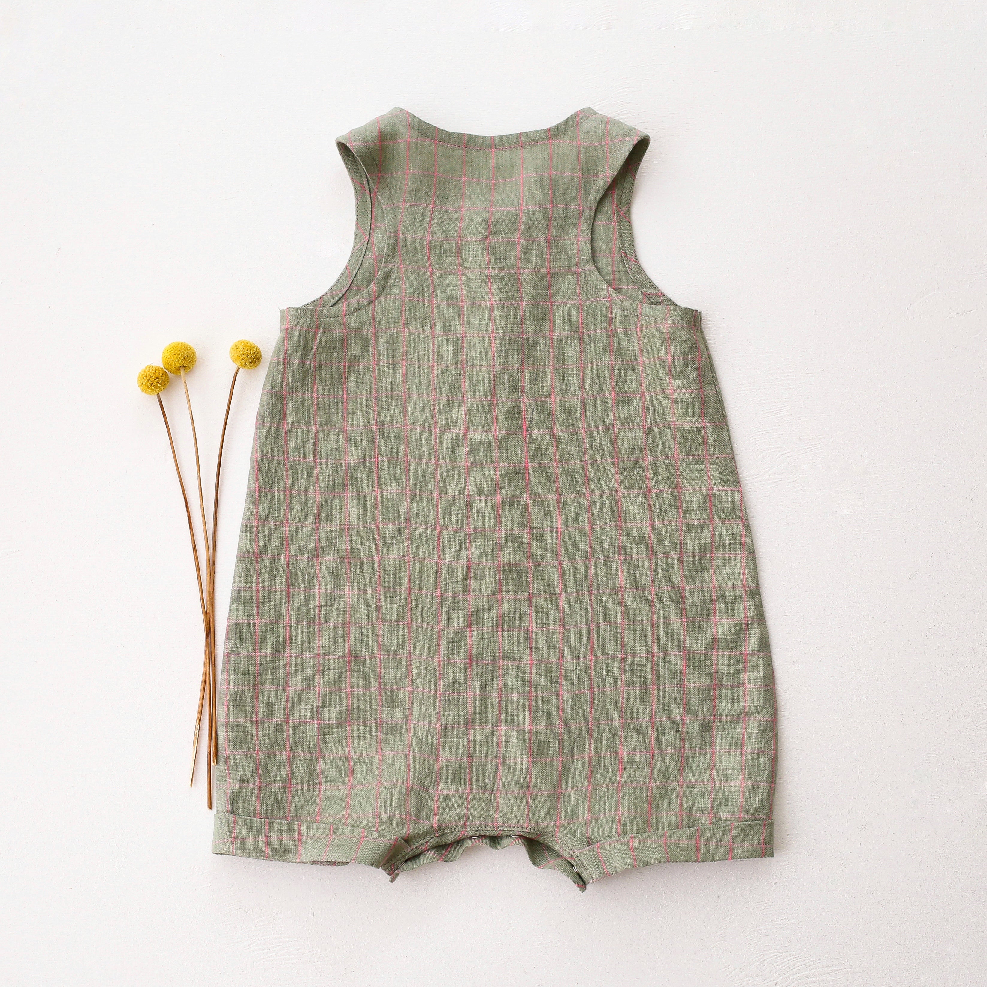 Mint & Pink Check Linen Short Legs Tank Jumpsuit with “Pineapple” Embroidery