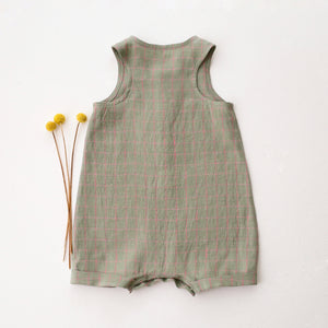 Mint & Pink Check Linen Short Legs Tank Jumpsuit with “Pineapple” Embroidery