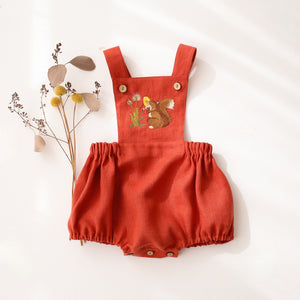 Paprika Linen Pinafore Romper with “Dandelion & Squirrel” Embroidery
