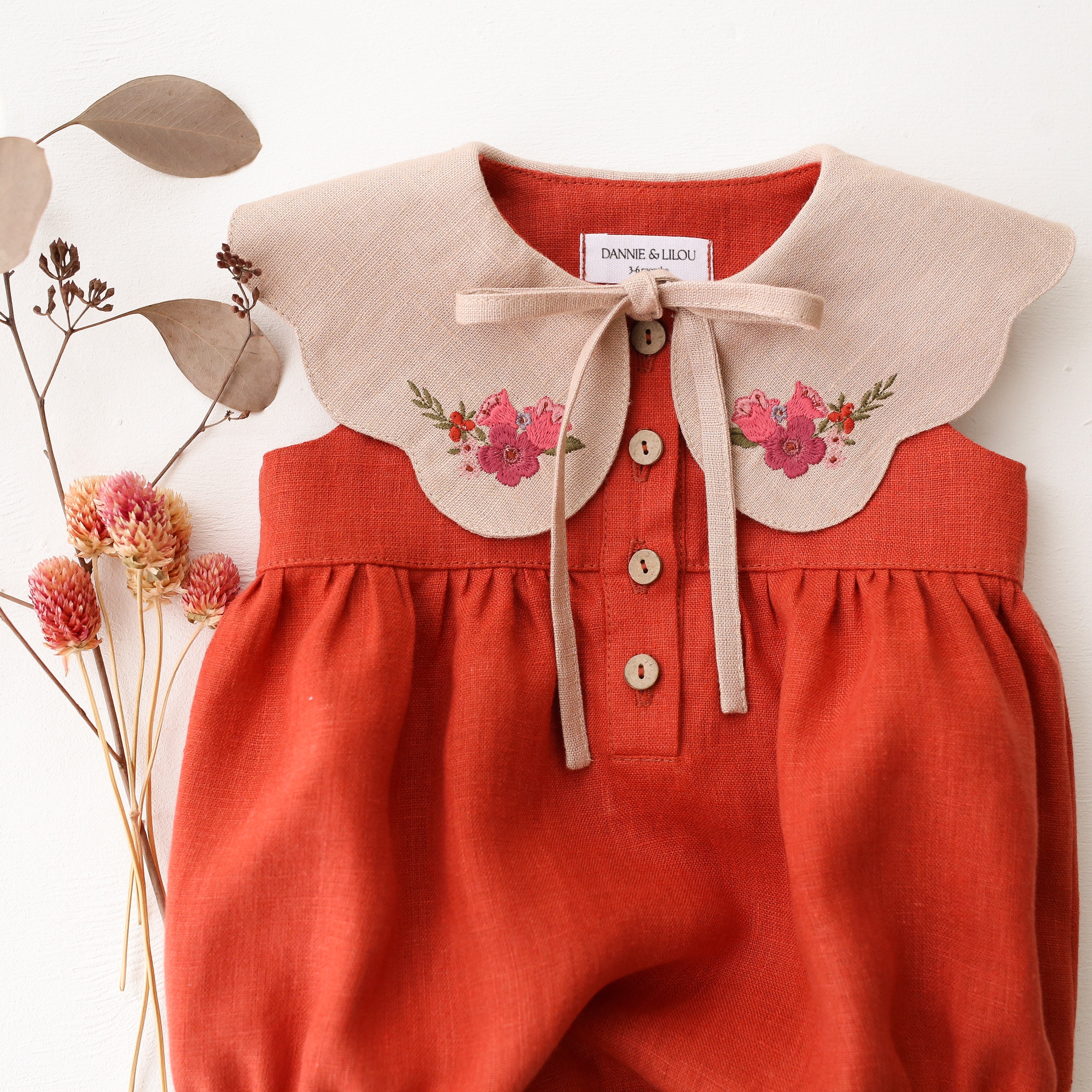 Paprika Linen Bubble Playsuit with Petal Collar in Beige Linen with "Mini Flowers" Embroidery