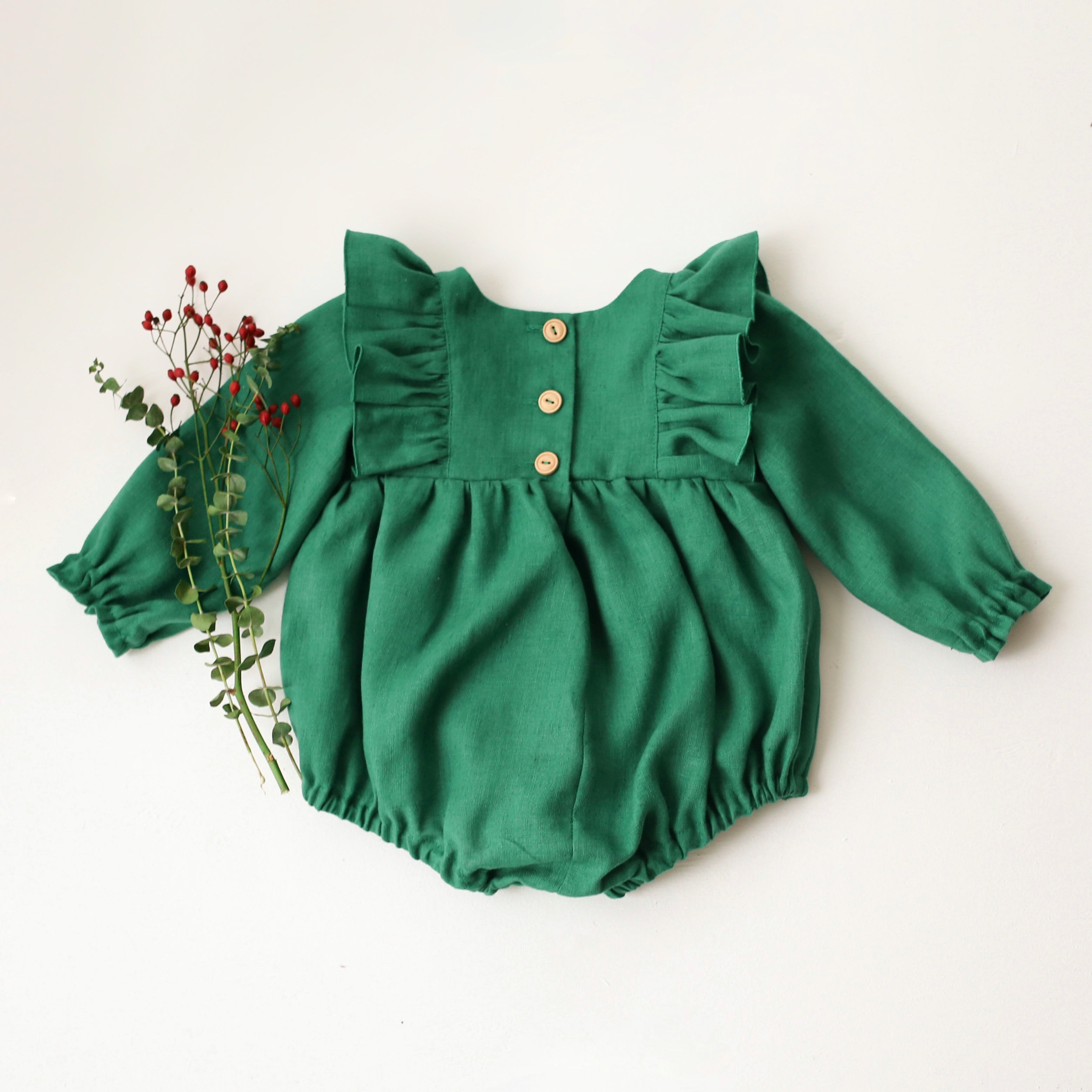 Emerald Green Linen Long Sleeve Ruffle Bubble Playsuit with "Christmas Bunny" Embroidery