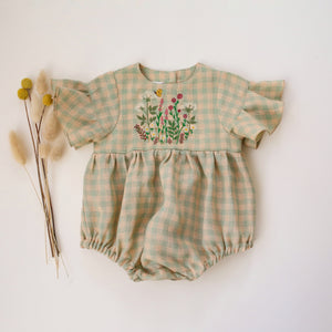 Green Gingham Linen Flounce Sleeve Bubble Playsuit with “Wildflowers with Butterfly” Embroidery