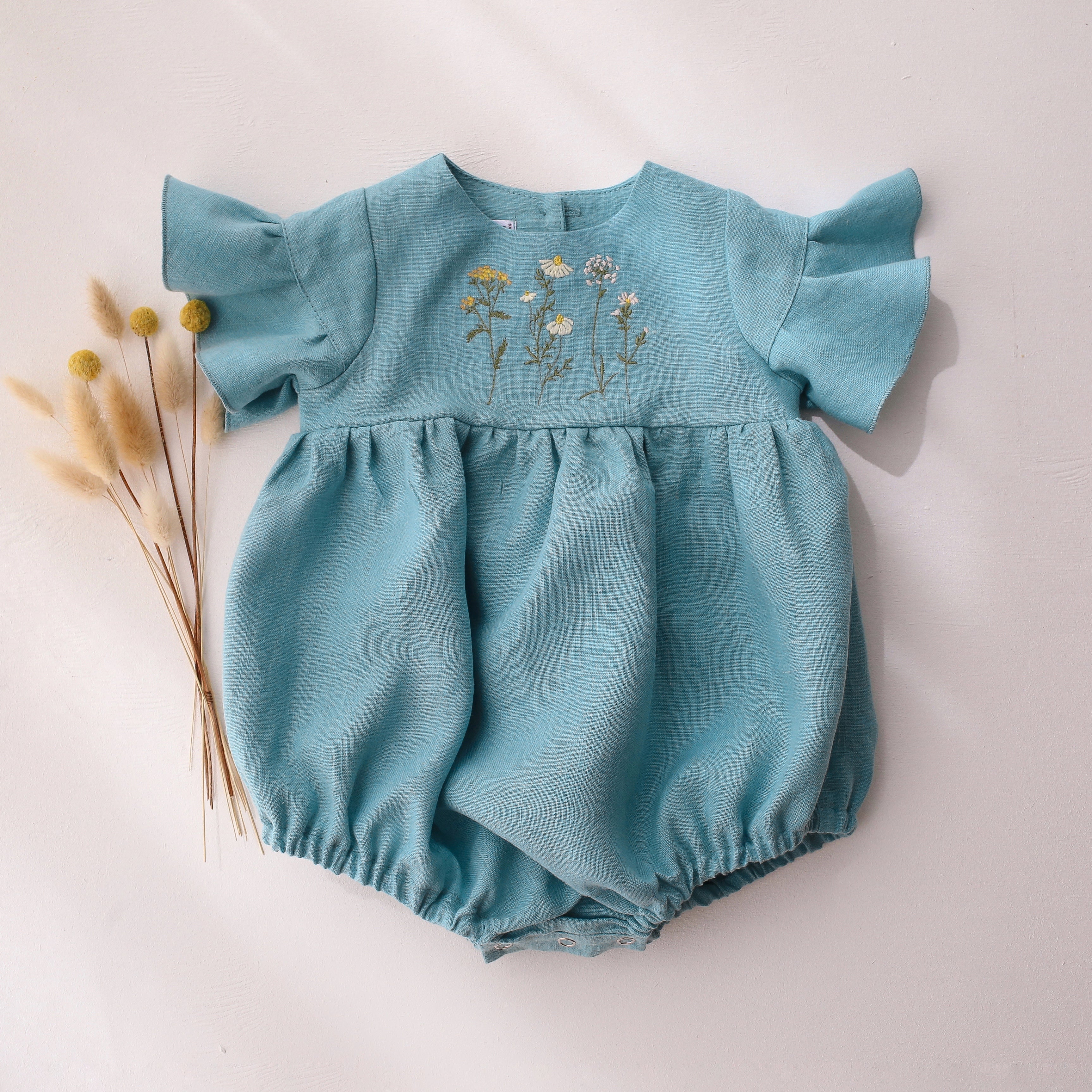 Duck Egg Blue Linen Flounce Sleeve Bubble Playsuit with “Chamomile Flowers” Embroidery