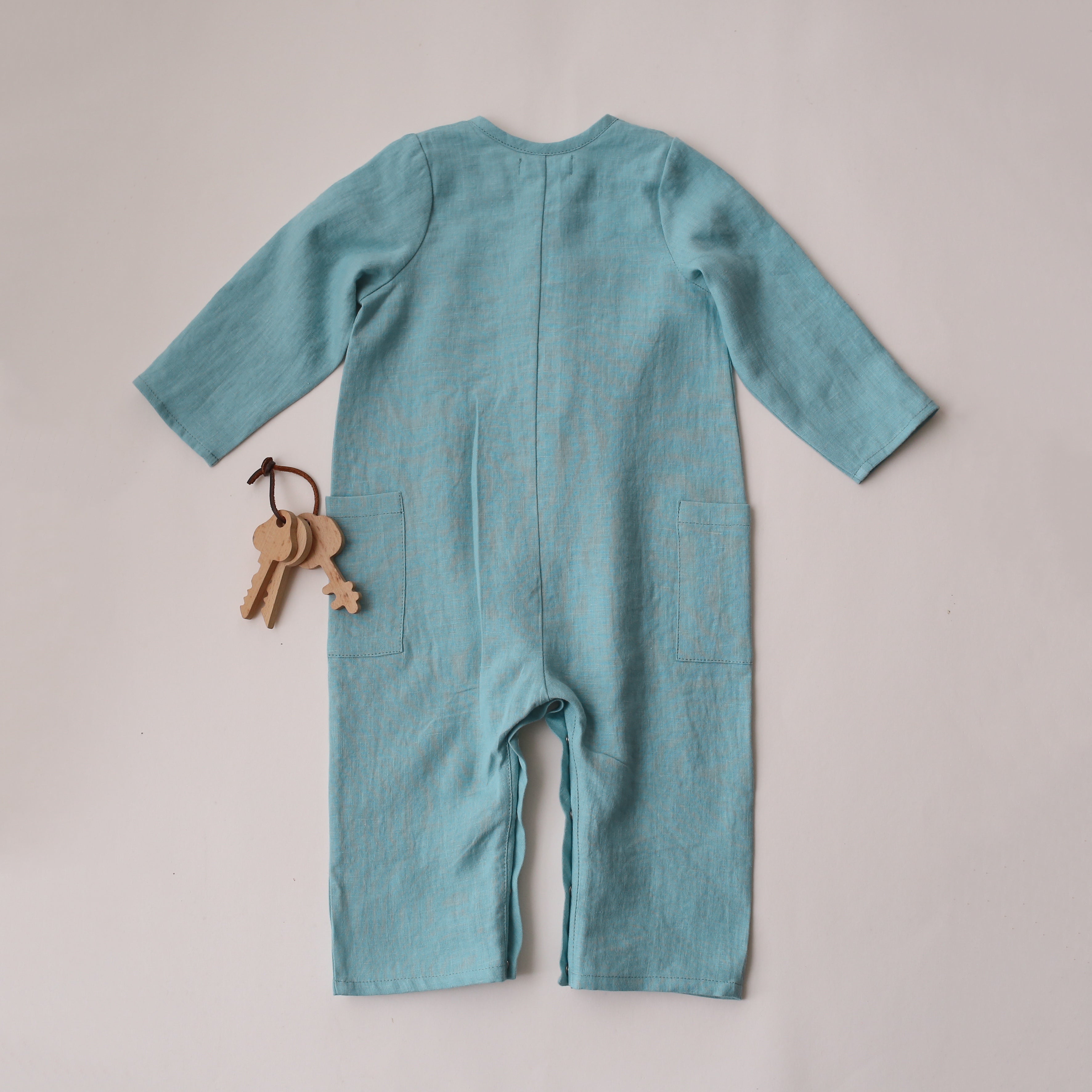 Duck Egg Blue Linen Long Sleeve Buttoned Jumpsuit with Pockets