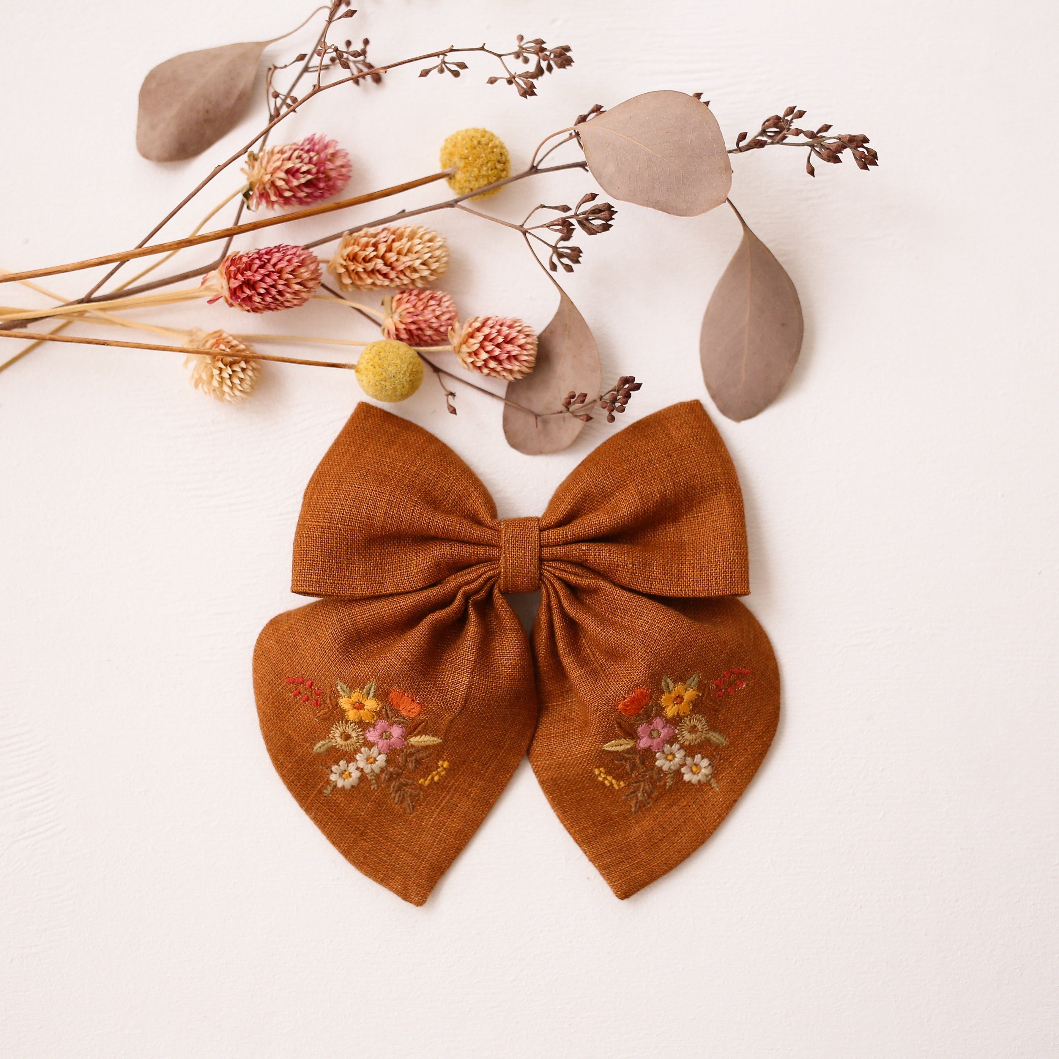 Embroidered Hair Bow with "Autumn Flowers" Embroidery in Burnt Orange Linen