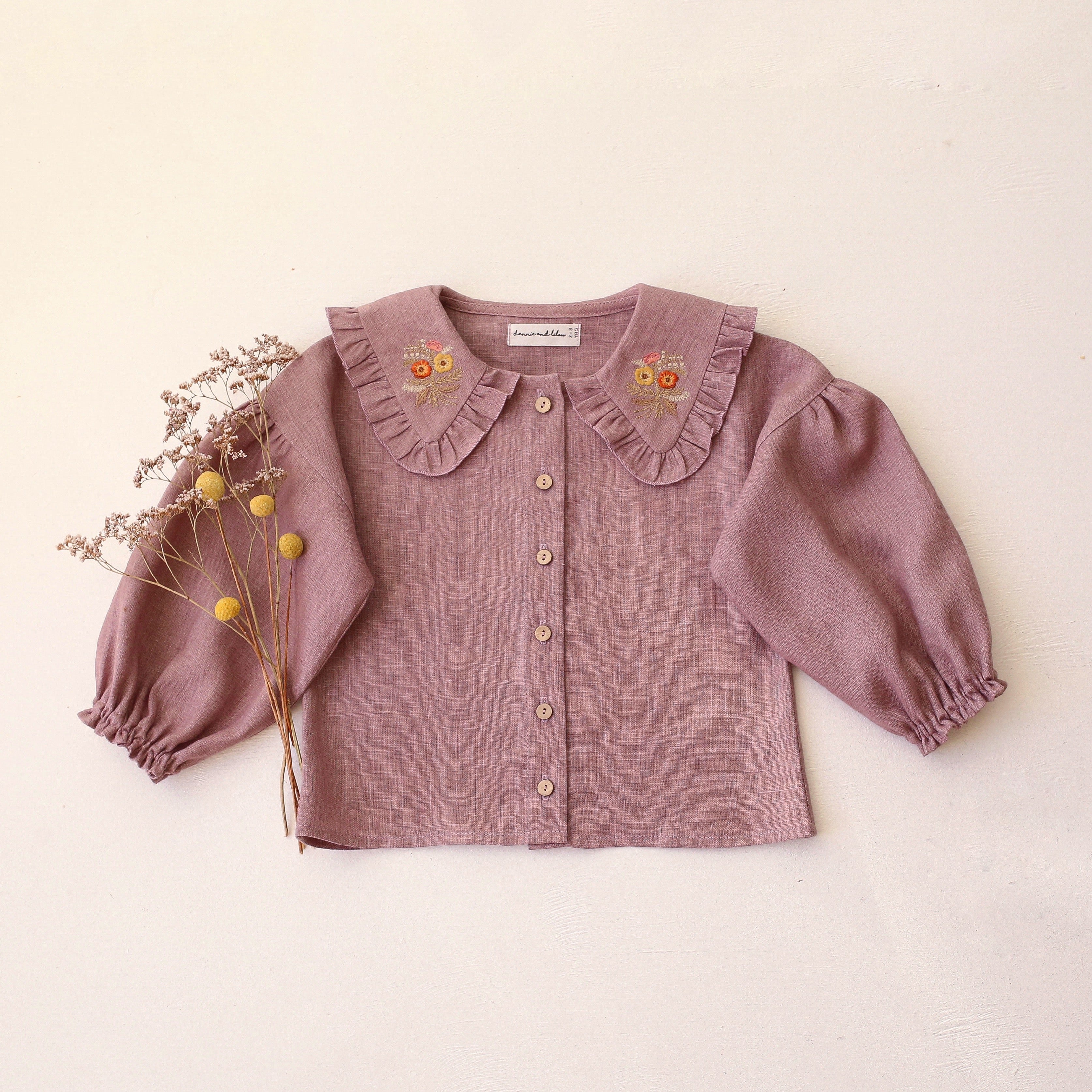 Pale Lilac Linen Frilled Collar Bubble Sleeve Blouse with "Autumn Bouquet" Embroidery