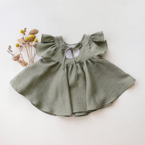 Green Smoke Linen Flutter Sleeve Tie Back Blouse with "Wheat Flower Field" Embroidery