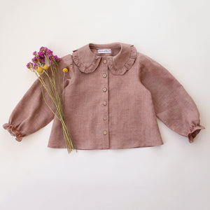 Rose Smoke Linen Long Sleeve Frilled Collar Button Front Blouse
