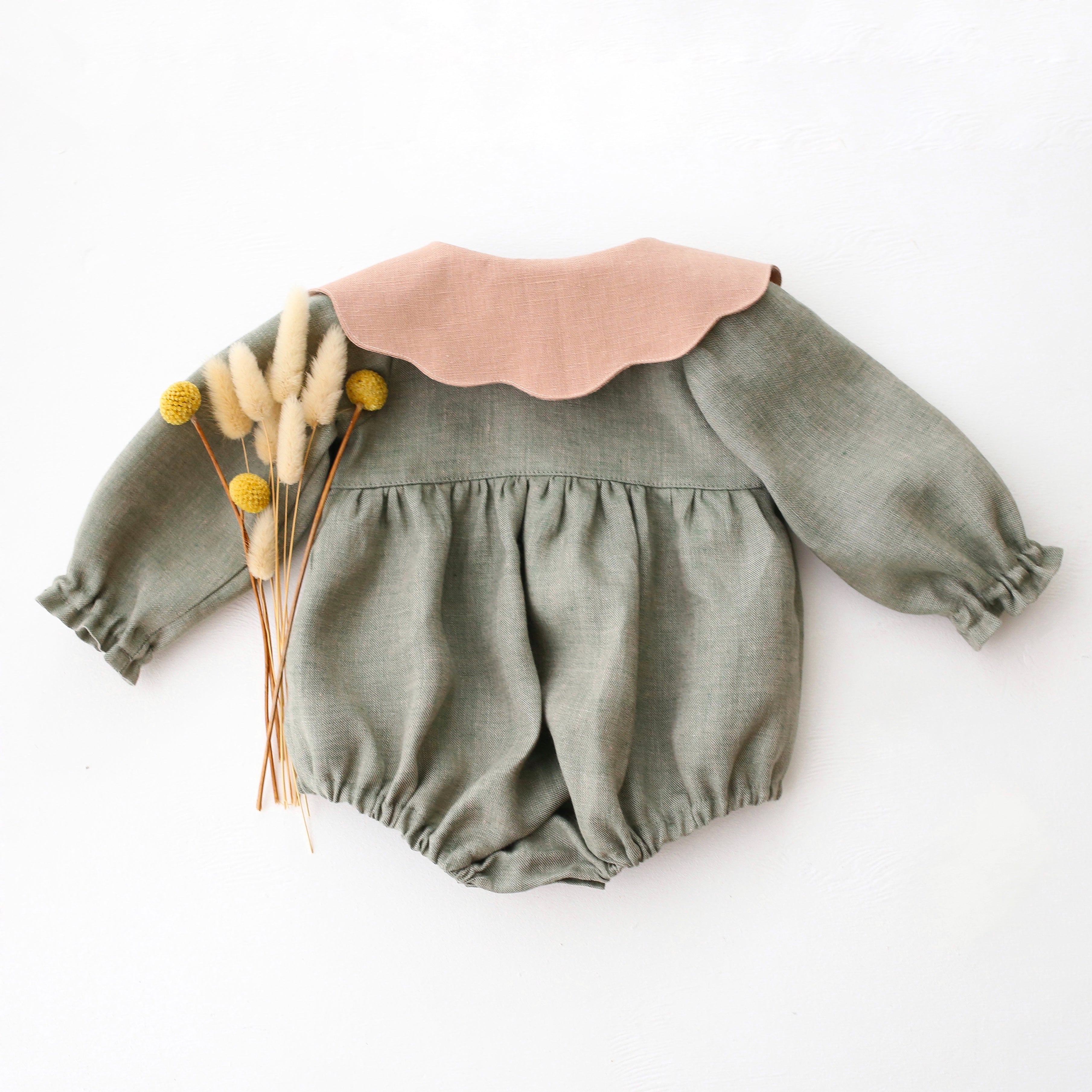 Green Smoke Linen Long Sleeve Bubble Playsuit with Petal Collar in Clay Linen with "Petite Daisy" Embroidery