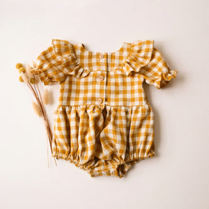 18-24 months - Mustard Yellow Gingham Linen Short Sleeve Flutter Bodice Bubble Playsuit