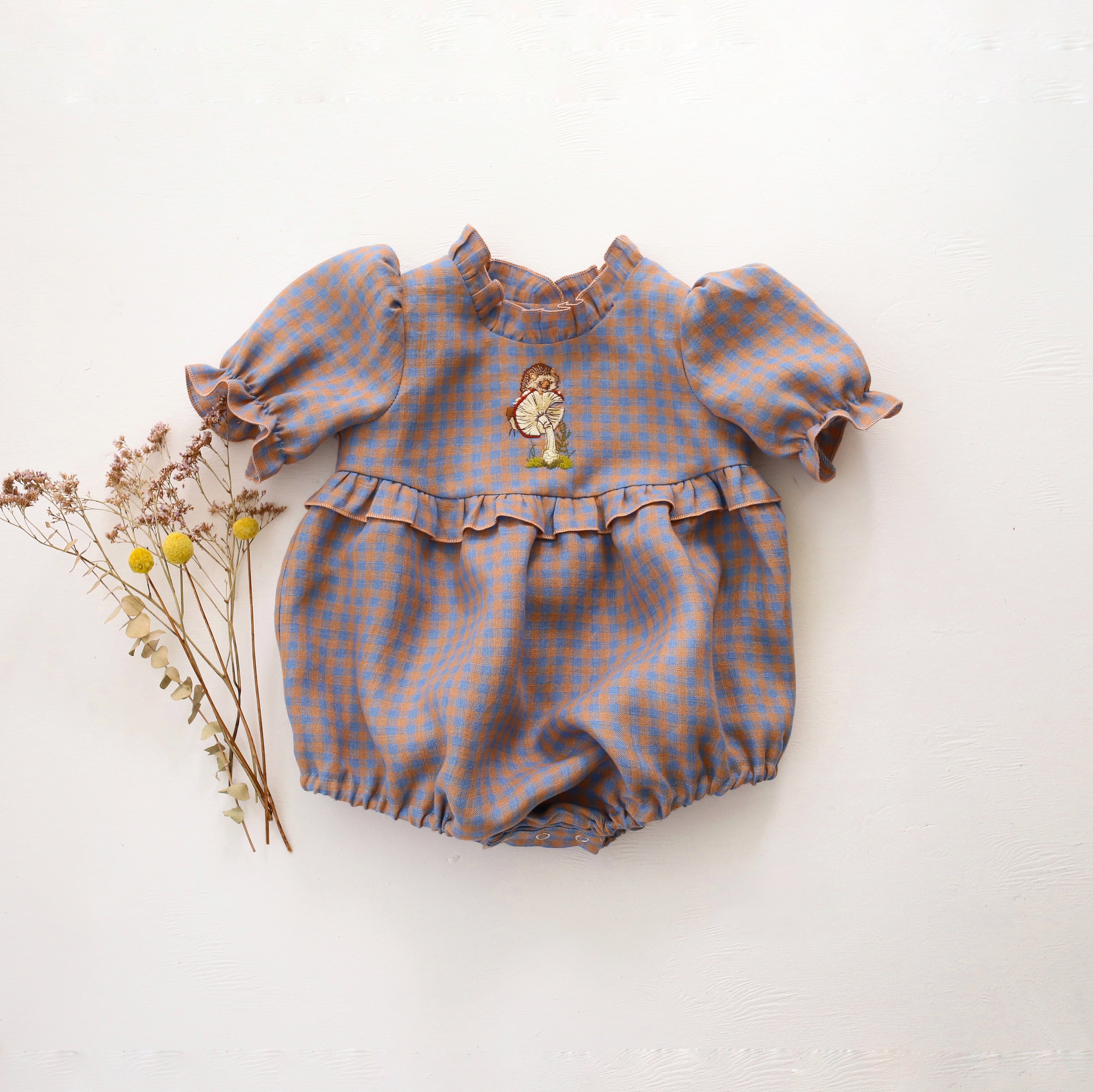 Blue & Peach Gingham Linen Short Sleeve Frills Bubble Playsuit with "Hedgehog on Toadstool" Embroidery