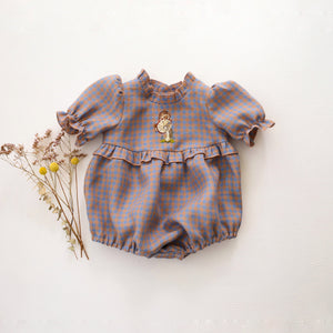 Blue & Peach Gingham Linen Short Sleeve Frills Bubble Playsuit with "Hedgehog on Toadstool" Embroidery