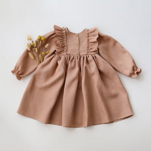 Clay Linen Long Sleeve Dress with Wide Bodice Ruffle