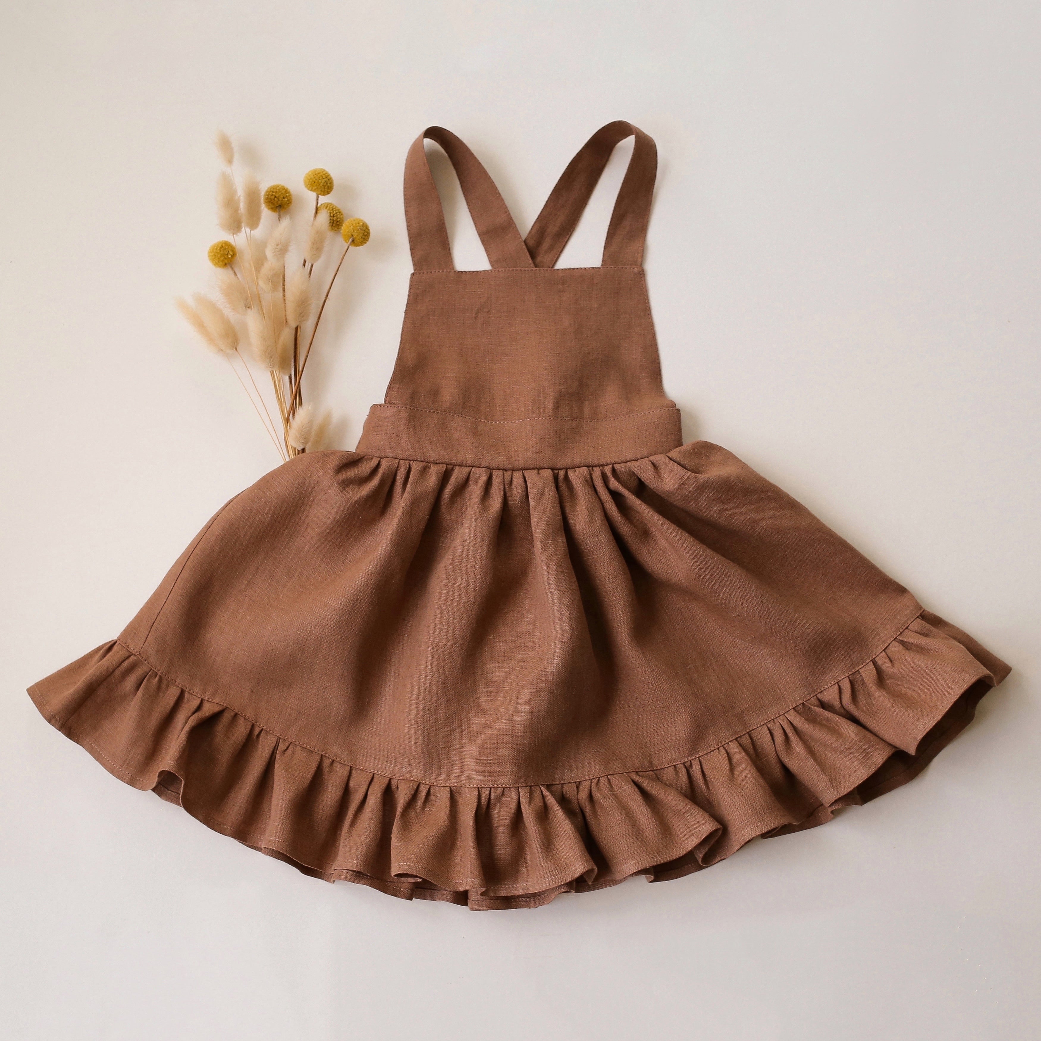 Cocoa Brown Linen Straps Pinafore with Ruffled Hem