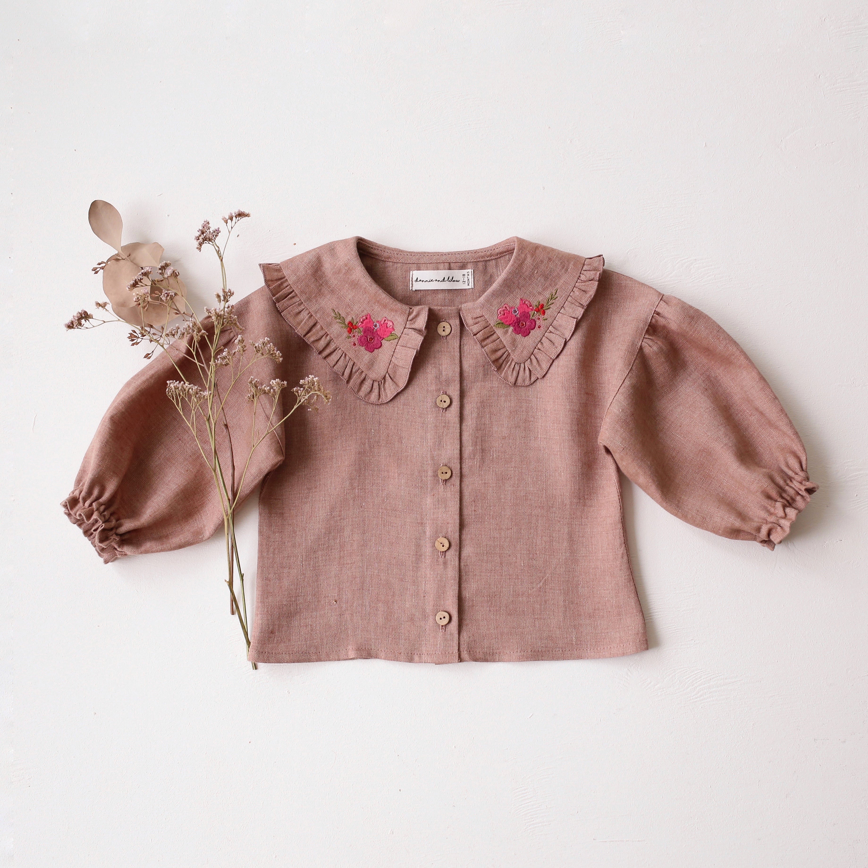 Rose Smoke Linen Frilled Collar Bubble Sleeve Blouse with "Mini Flowers" Embroidery